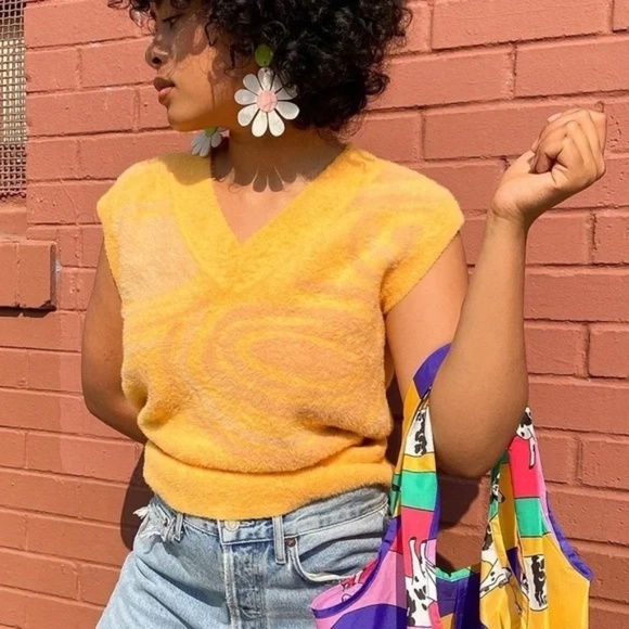 House of Sunny Hockney Knit Detachable Sleeve V-Neck Sweater Orange Yellow Sz 4 - Picture 3 of 13